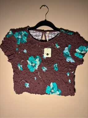 NWT Free People Carino Textured Crop Top with Teal Accents Feminine Cottagecore
